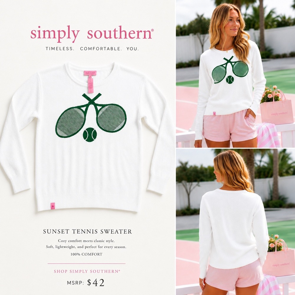 Simply Southern White Tennis Graphic Knit Sweater Sunset Tennis Large NWT